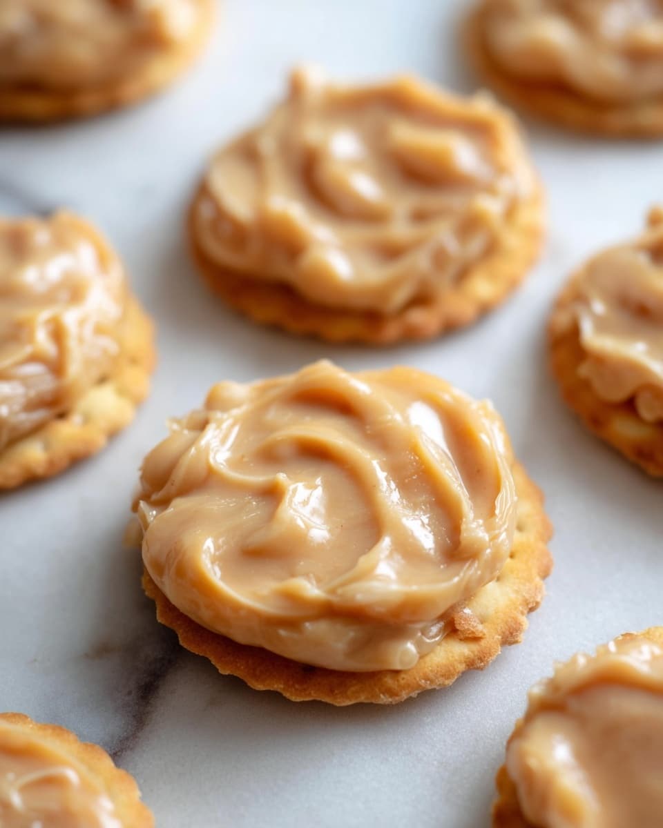 Small round crackers are laid out on a white marbled surface, each topped with a thick layer of creamy, light caramel-colored spread that has a slightly shiny, smooth but uneven texture with gentle swirls and soft peaks. The crackers are golden brown, flat, and stacked with one visible layer beneath the spread. The focus is on the closest crackers in the foreground, with more blurred ones in the background. Photo taken with an iphone --ar 4:5 --v 7