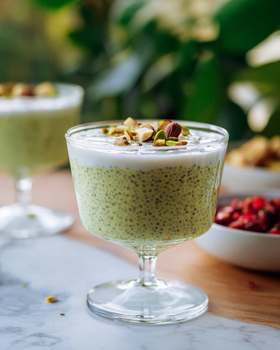 A clear glass dessert cup holds two layers: the bottom layer is a light green chia pudding with tiny black chia seeds evenly spread throughout, topped by a smooth, white creamy layer that is garnished with small pieces of nuts and possibly dried fruit. The cup stands on a clear stem with a round base. In the blurred background, another similar glass is visible along with green leaves and some red fruit in a small white bowl on a white marbled surface. Photo taken with an iphone --ar 4:5 --v 7
