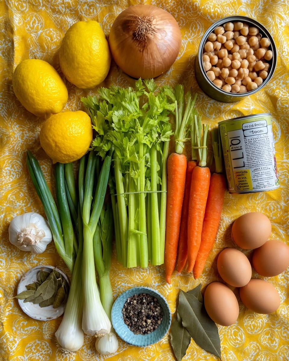 The image shows a top view of fresh ingredients laid out on a yellow cloth with a subtle pattern. There are two bright yellow lemons on the left, a whole brown onion at the top left, and two orange carrots with green tops next to a bunch of vibrant green celery stalks in the center. To the right of the carrots and celery, there are fresh green onions with white bases. Nearby are three brown eggs and a small bowl with black and white seasonings. Below the eggs, there are two dried bay leaves and a bulb of garlic. Above the green onions, there are two open cans filled with pale chickpeas, and a carton of vegetable broth sits at the top right. Everything is spread neatly with clear white labels naming each ingredient against the yellow cloth background. Photo taken with an iphone --ar 4:5 --v 7