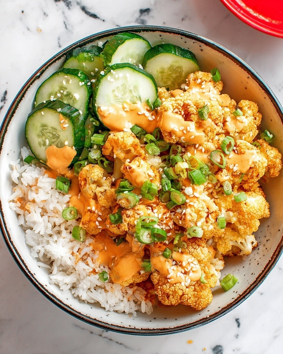 A white bowl sits on a white marbled surface, filled with three main layers: on the left is a portion of white rice with grains clear and separate, topped lightly with sauce and green onion slices; in the center and right is a large layer of golden crispy cauliflower pieces covered in creamy orange sauce, drizzled generously with more sauce and sprinkled with white sesame seeds and thin green onion rings; on the top left part of the bowl are fresh cucumber chunks, bright green with a crisp texture, also lightly drizzled with sauce; the bowl’s rim is dark, contrasting with the contents. Photo taken with an iphone --ar 4:5 --v 7