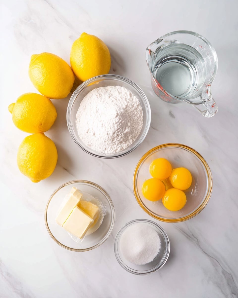 The image shows six bright yellow lemons grouped on the left side over a white marbled surface. To the right, there are four clear glass bowls and a glass measuring cup arranged neatly: the top bowl holds a fluffy white powder, the middle right is filled with clear liquid in a glass pitcher, the bottom left bowl has a fine white granular substance, and the bottom right bowl contains six bright yellow egg yolks with a smooth texture. Near the bottom center, there is a small glass bowl with white salt and a partially unwrapped stick of butter with a pale yellow color. The whole setup is clean and well-lit, giving a fresh and bright look photo taken with an iphone --ar 4:5 --v 7