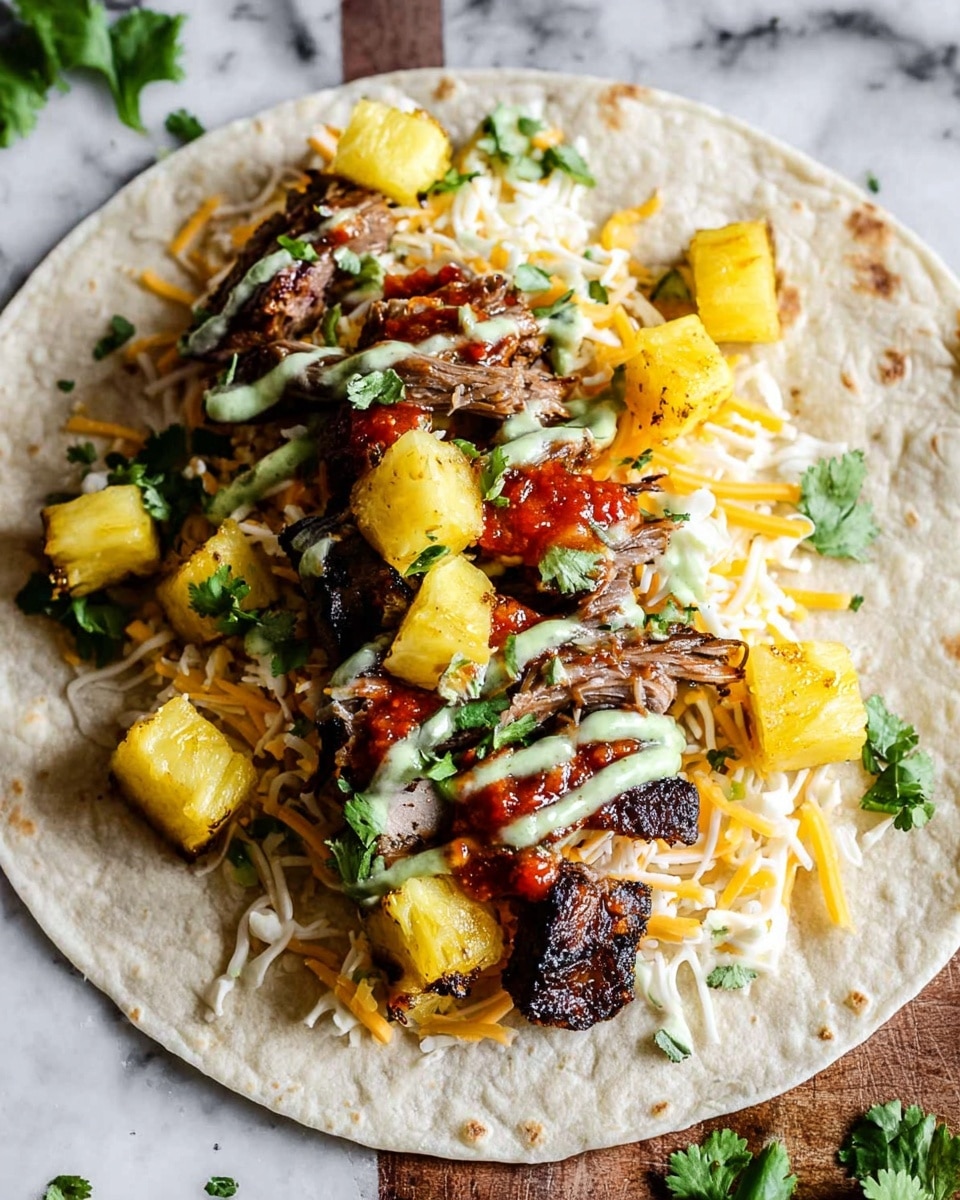 A soft white tortilla lies flat with a base layer of shredded yellow and white cheese. On top, there are grilled strips of meat with a slightly charred texture, followed by a drizzle of light green sauce and a red salsa-like sauce. The dish is crowned with bright yellow grilled pineapple cubes showing grill marks and scattered fresh green cilantro leaves. The background is a white marbled texture photo taken with an iphone --ar 4:5 --v 7