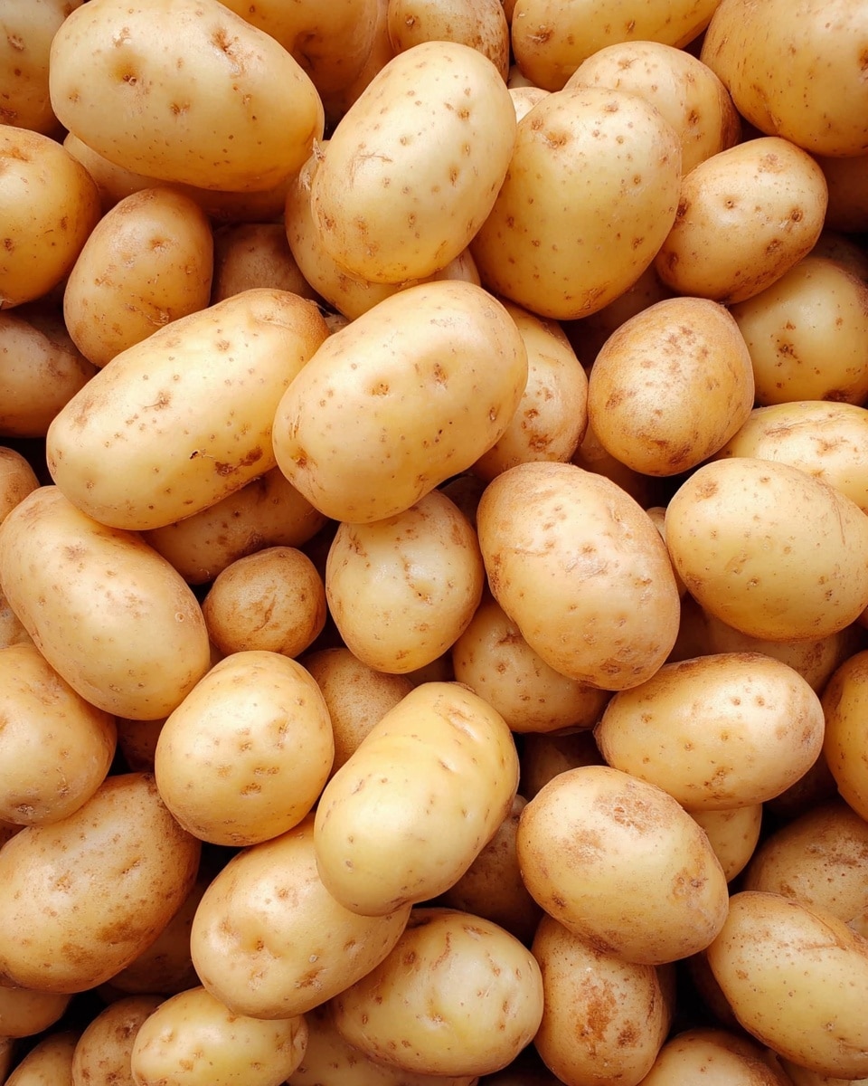 The image shows a close-up view of many yellow potatoes piled together. Each potato has a smooth surface with small brown spots and slight textures. The potatoes vary slightly in size but are mostly oval-shaped with pale yellow skin. They rest on a white marbled texture background, filling the whole frame with no other objects visible. photo taken with an iphone --ar 4:5 --v 7