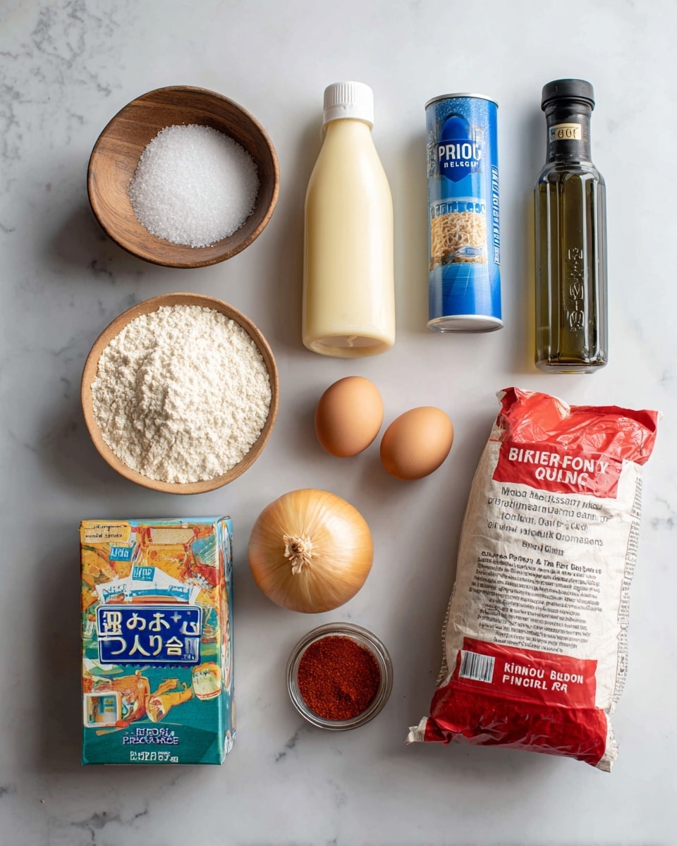 The image shows various cooking ingredients neatly arranged on a white marbled surface. From top to bottom, left to right, there is a small wooden bowl filled with white salt crystals, a tall plastic bottle of light yellow buttermilk, a blue and white can of cooking spray, two brown eggs next to a colorful box of Panko breadcrumbs with Japanese-style text, a whole light brown onion, a clear glass bottle of dark green olive oil with a black cap, a small glass jar of deep red paprika with a silver lid, and a large red and white bag of all-purpose flour from King Arthur Baking Company. Each item is clearly labeled with simple white text over the image. Photo taken with an iphone --ar 4:5 --v 7