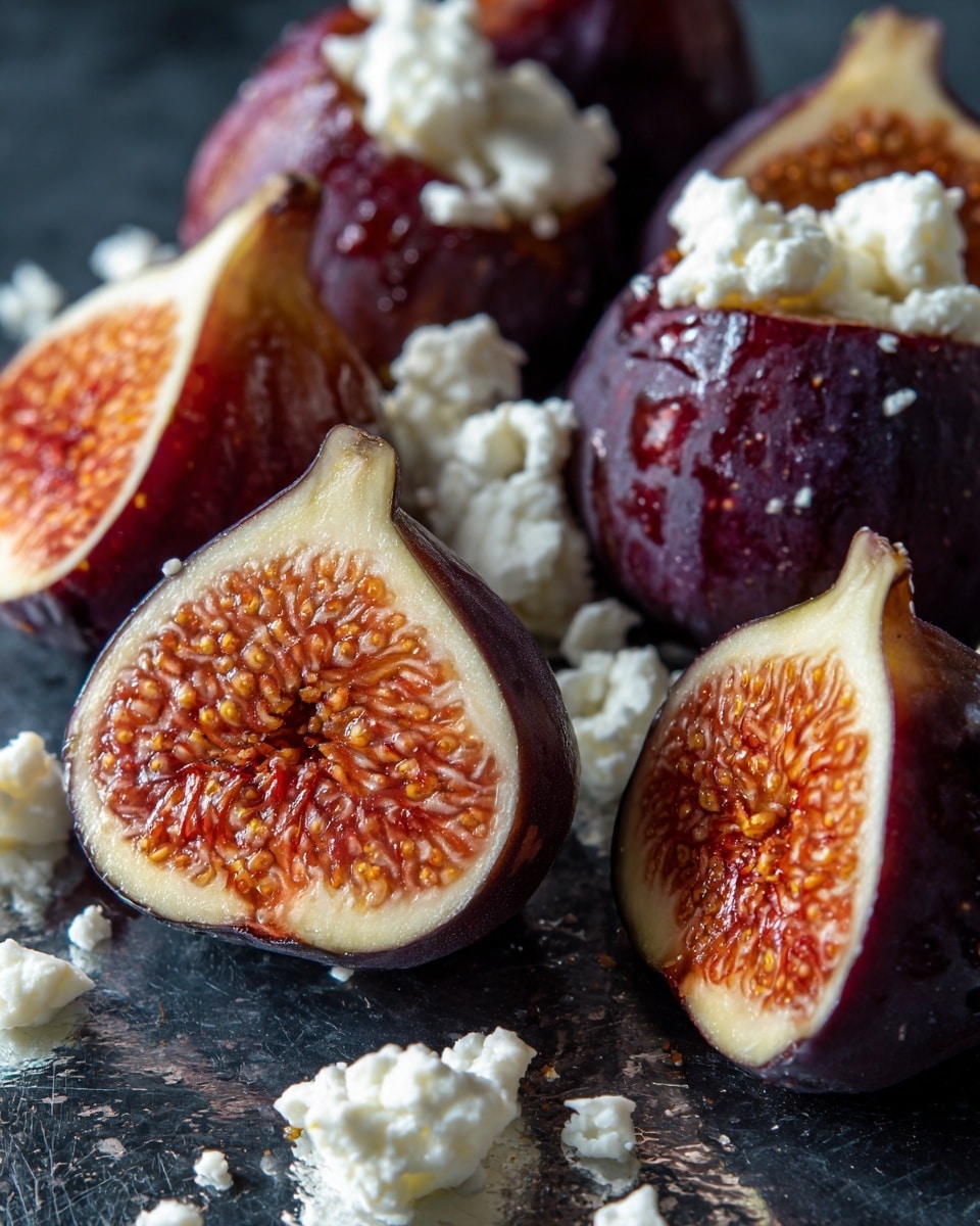 The image shows several small figs, each cut into four sections but still joined at the bottom, placed on a shiny metallic surface. The figs have a dark purple outer skin and a rich orange-red inside with seeds visible. On top of each fig, there is a small dollop of white, crumbly cheese, adding a soft texture contrast. Some cheese crumbs are also scattered around the figs on the metallic surface. The scene is close-up, focusing on the texture and colors of the figs and cheese, with some soft light reflections on the metal. photo taken with an iphone --ar 4:5 --v 7