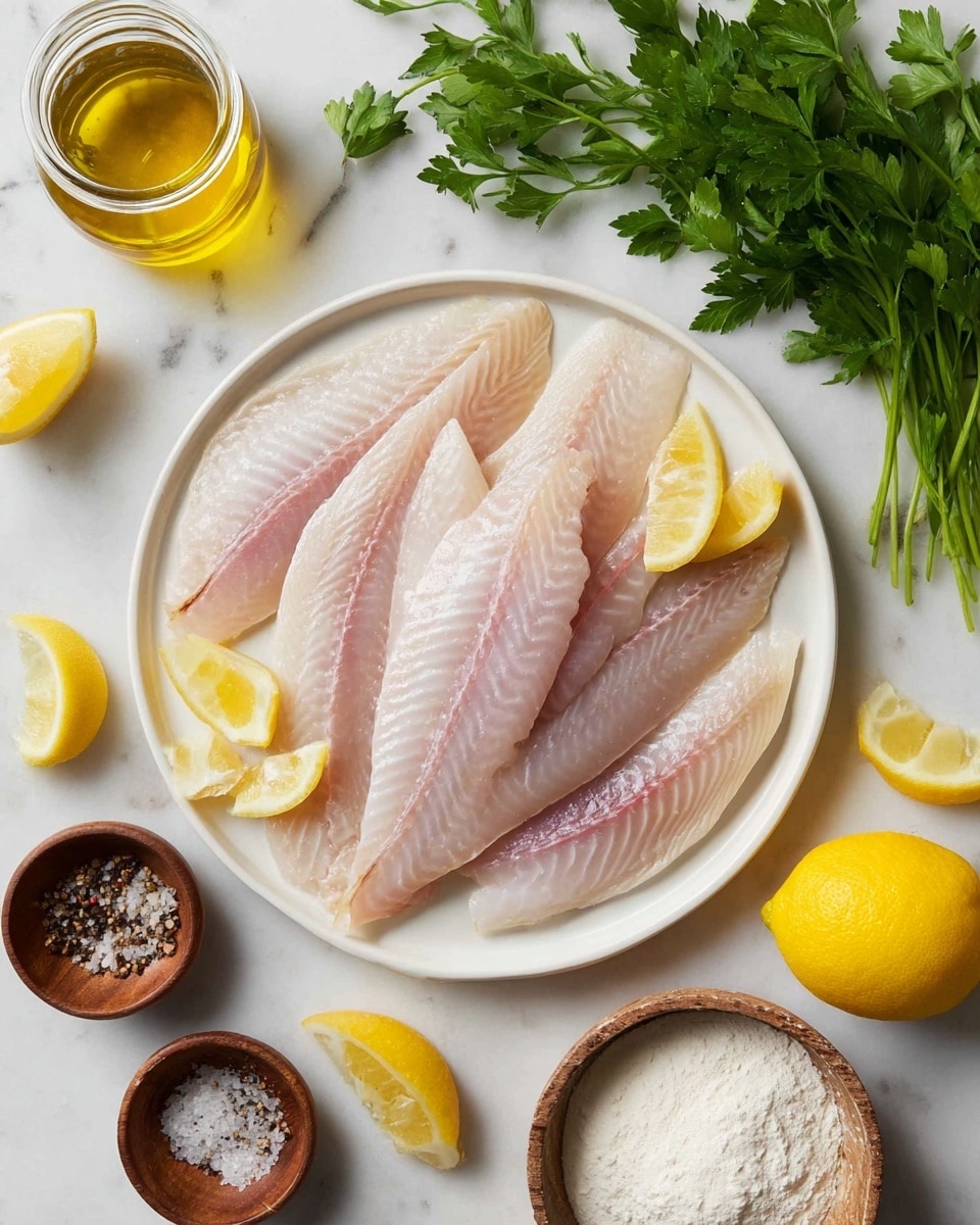 A white plate sits on a white marbled surface, holding six raw fish fillets arranged in a loose circular pattern. The fillets have a pale pink and white color with a slightly shiny, smooth texture. Around the plate, there are lemon wedges and whole lemons placed at different spots, adding yellow pops of color. Fresh green parsley leaves and a bunch of parsley lie beside the plate, enhancing the freshness of the scene. Small wooden bowls filled with coarse salt and pepper sit near the bottom left, and a jar with golden liquid and a bowl of white flour can be seen on the right side. Photo taken with an iphone --ar 4:5 --v 7