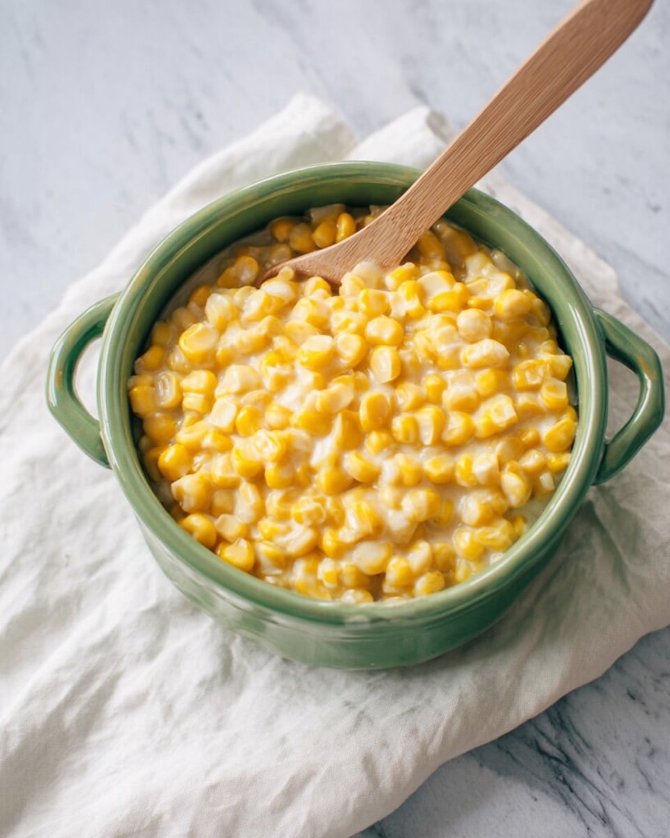 The image shows a close-up of a bowl filled with creamy cooked corn. The bowl is white, and the corn kernels are bright yellow mixed with a thick, smooth cream sauce coating each kernel evenly. The texture of the sauce looks soft and slightly shiny, wrapping around the plump corn pieces. The bowl sits on a white marbled surface, and the focus is mainly on the creamy corn mixture inside. photo taken with an iphone --ar 4:5 --v 7