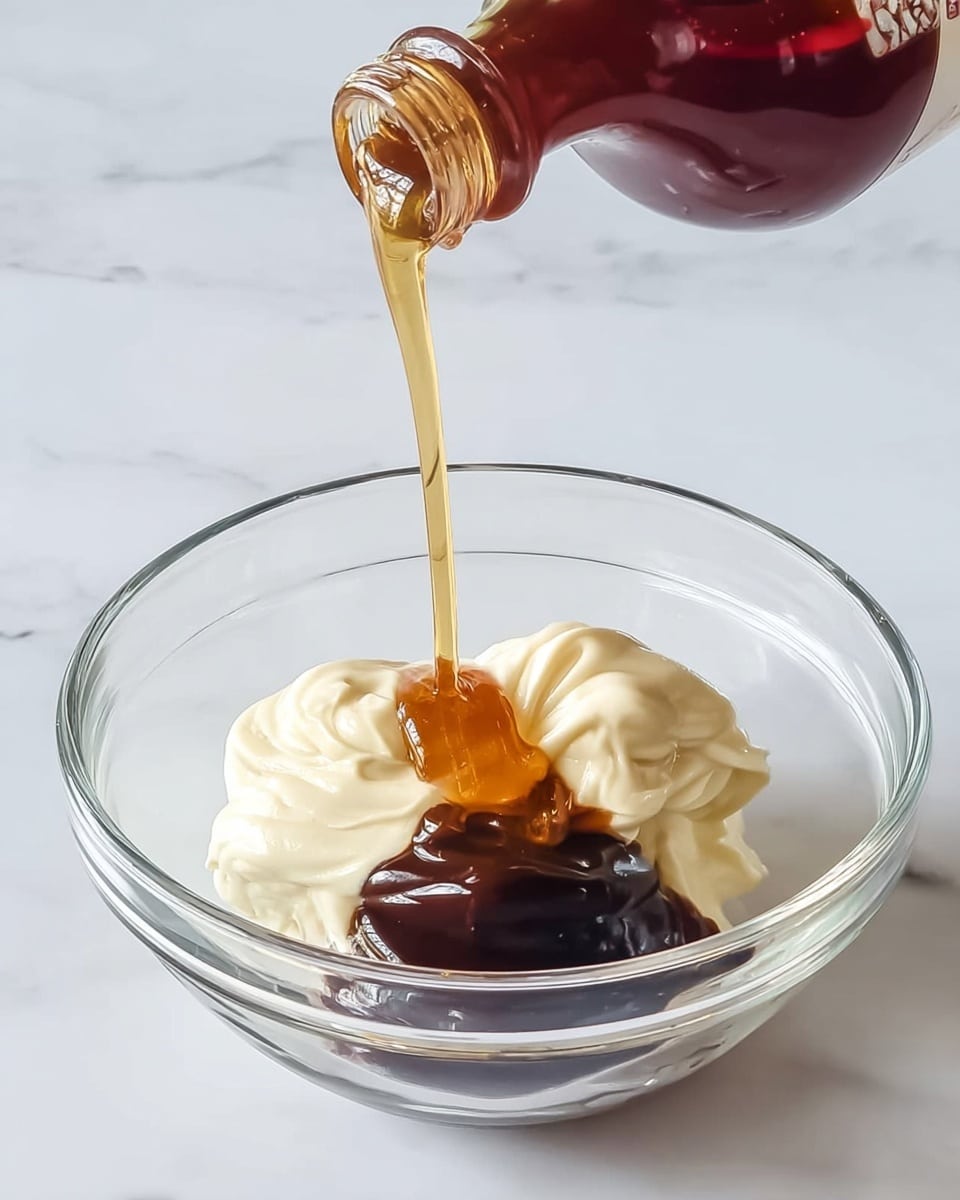 In a clear glass bowl placed on a white marbled surface, there are two dollops of thick, creamy white sauce side by side at the bottom, with a dark shiny brown sauce sitting beside them. Above the bowl, a dark reddish-brown bottle is squeezing a smooth golden honey-like liquid that flows down in a thick, steady stream, landing directly on top of the dark brown sauce, creating a layered mix of creamy white, rich brown, and golden yellow liquids. The glass bowl is round and transparent, allowing full view of the sauces inside, and the image has soft natural lighting. photo taken with an iphone --ar 4:5 --v 7