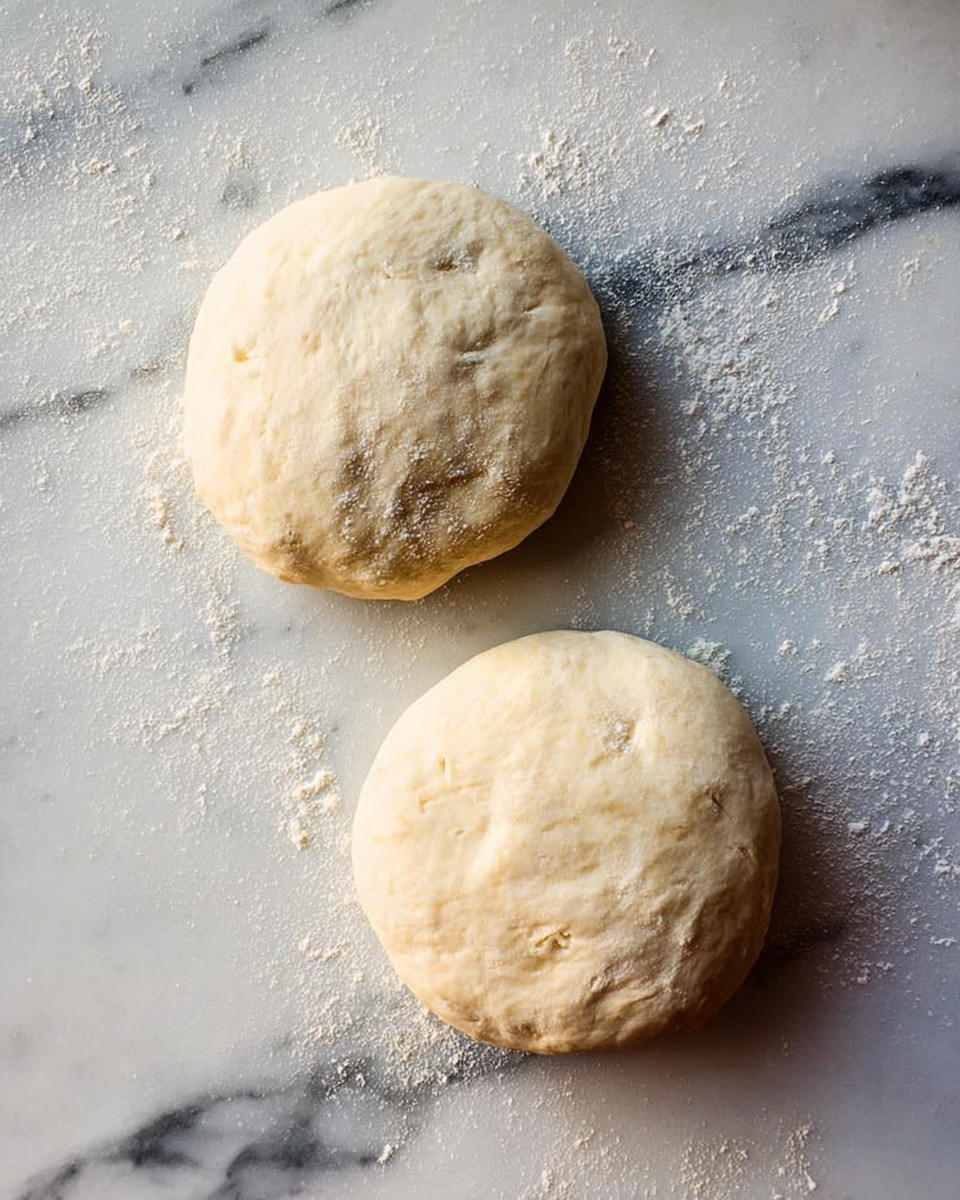 Two round balls of dough with a pale beige color and slightly uneven surfaces rest on a white marbled texture dusted with white flour. The dough balls have a soft, slightly puffy texture with faint patches of flour on top, spaced apart on the surface. The lighting highlights the subtle roughness and softness of the dough against the smooth marble underneath. photo taken with an iphone --ar 4:5 --v 7