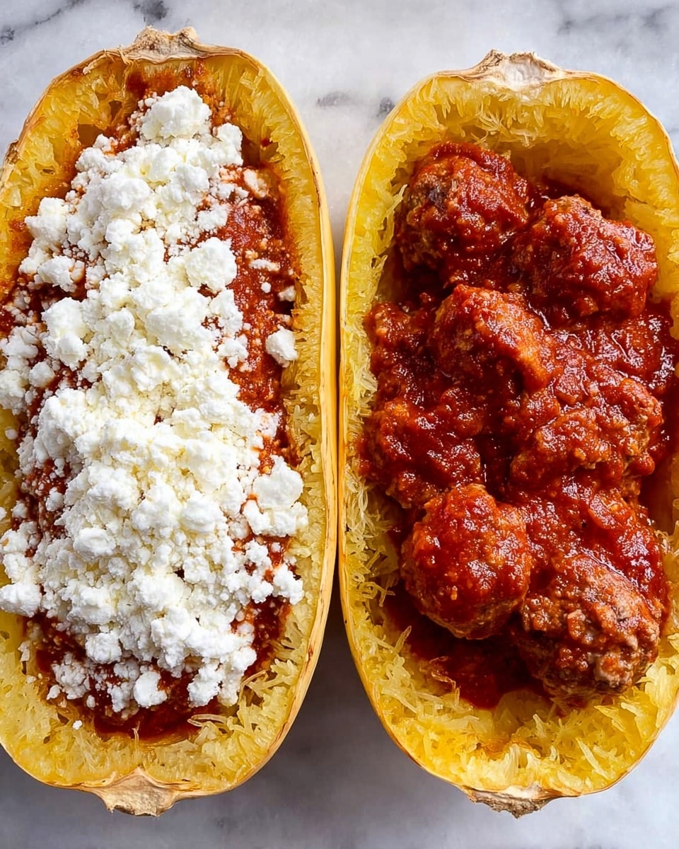 The image shows two halves of a cooked spaghetti squash placed side by side on a white marbled surface. The left half is layered with a red meat sauce at the bottom, covered with a thick layer of white crumbled cheese on top. The right half has the same yellow-orange spaghetti squash base but is filled with chunky red meatballs covered in a rich tomato sauce. The edges of the squash halves are golden yellow, with a soft and slightly textured interior. Photo taken with an iphone --ar 4:5 --v 7