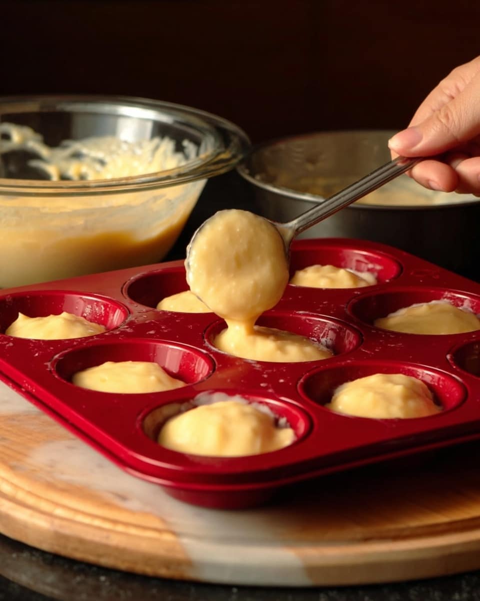 A close-up shot shows a red silicone muffin tray filled with six portions of smooth, pale yellow batter. A woman's hand holding a large metal spoon is pouring more batter into one of the cups. Behind the tray, there is a glass bowl filled with more batter on a white marbled surface, and a metal pan sits on a wooden coaster. The background is dark, highlighting the bright batter and the red tray. photo taken with an iphone --ar 4:5 --v 7