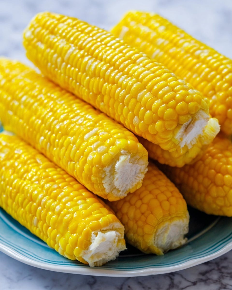 The image shows a close-up view of several bright yellow corn cobs stacked on a white plate, each cob filled with plump, shiny kernels that have a smooth, slightly wet texture. The corn cobs are arranged in a loose pile with one cob lying horizontally in the foreground, showing the cut end with white parts of the cob visible. The background is a white marbled surface that contrasts with the vibrant yellow corn, making the colors pop. photo taken with an iphone --ar 4:5 --v 7