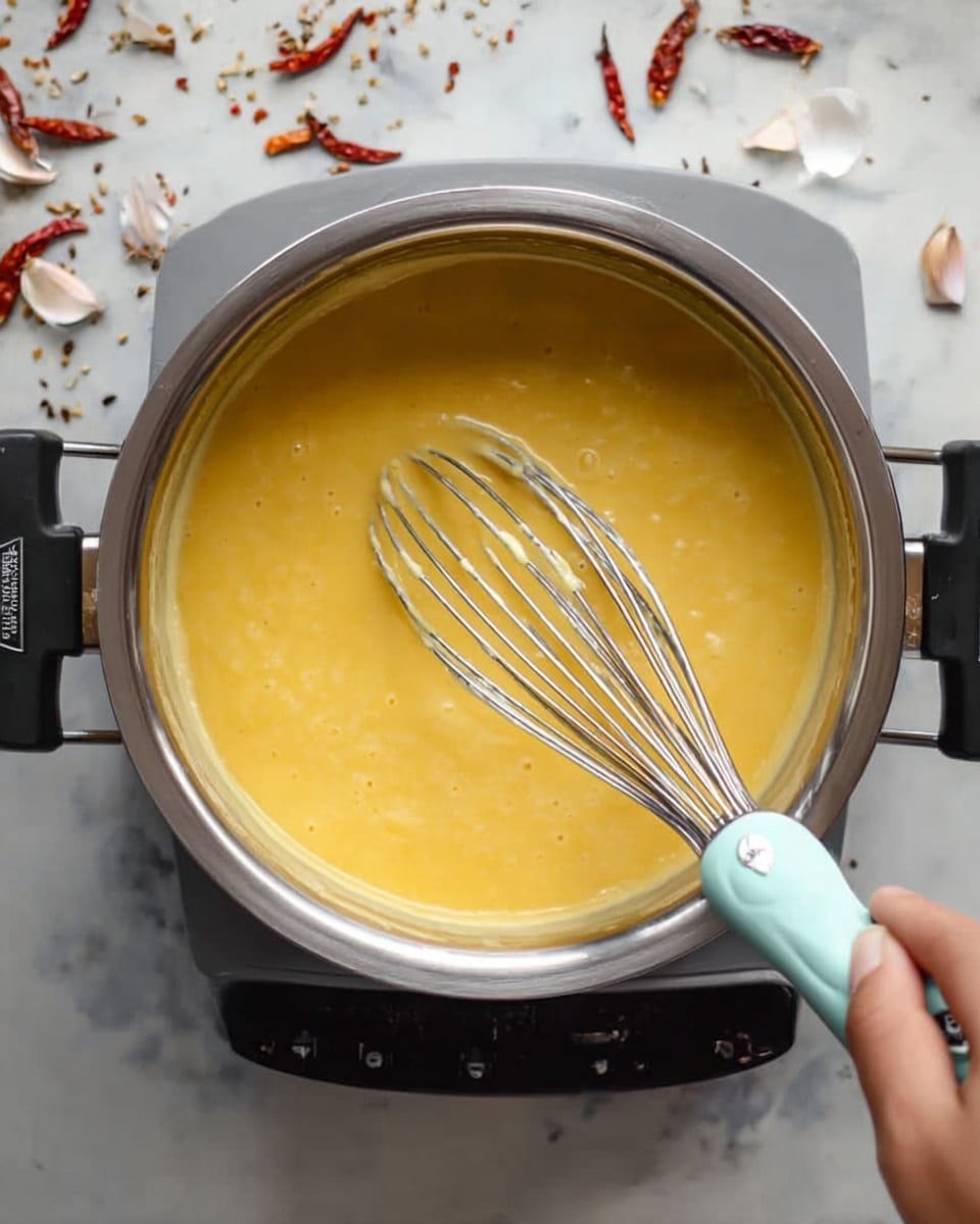 A close-up image of a shiny silver pot on a grey electric stove with black handles, filled with a thick yellow mixture being stirred by a whisk with a light blue handle held by a woman's hand. The yellow mixture has a smooth and slightly textured surface. The background shows scattered pieces of garlic and dried red chili on a white marbled surface. Photo taken with an iphone --ar 4:5 --v 7