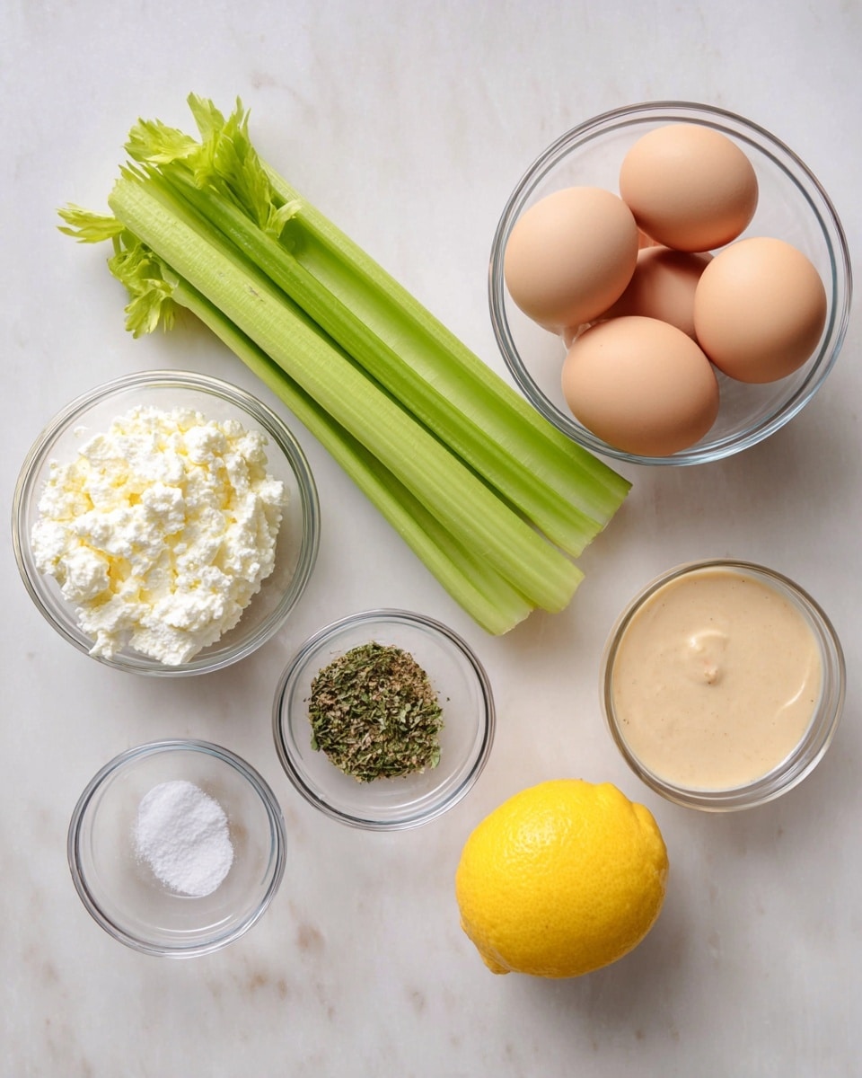 The image shows ingredients neatly placed on a white marbled surface. There are six light brown eggs in a clear glass bowl at the top right. Next to the eggs on the left, three fresh green celery stalks lay flat. Below the celery, there are three small clear bowls: one with white cottage cheese, one with a mix of black pepper, salt, and green herbs, and one containing a creamy beige sauce. At the bottom right of the image sits a bright yellow lemon with a textured rind. photo taken with an iphone --ar 4:5 --v 7