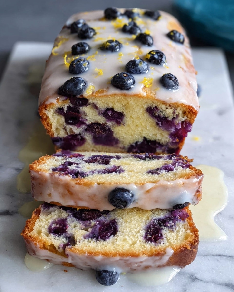 A rectangular blueberry cake loaf sits on a white marbled surface, partly sliced to show its inside. The loaf has three visible layers: a moist light yellow base with dark purple blueberries mixed throughout, a middle layer that is a bit thicker with a mix of more blueberries creating purple spots, and a top layer covered in a thin, white glaze dotted with whole blueberries and lemon zest. The edges of the cake are golden brown, and the glaze looks shiny and slightly translucent. A bit of the glaze has dripped and pooled under the loaf. Photo taken with an iphone --ar 4:5 --v 7
