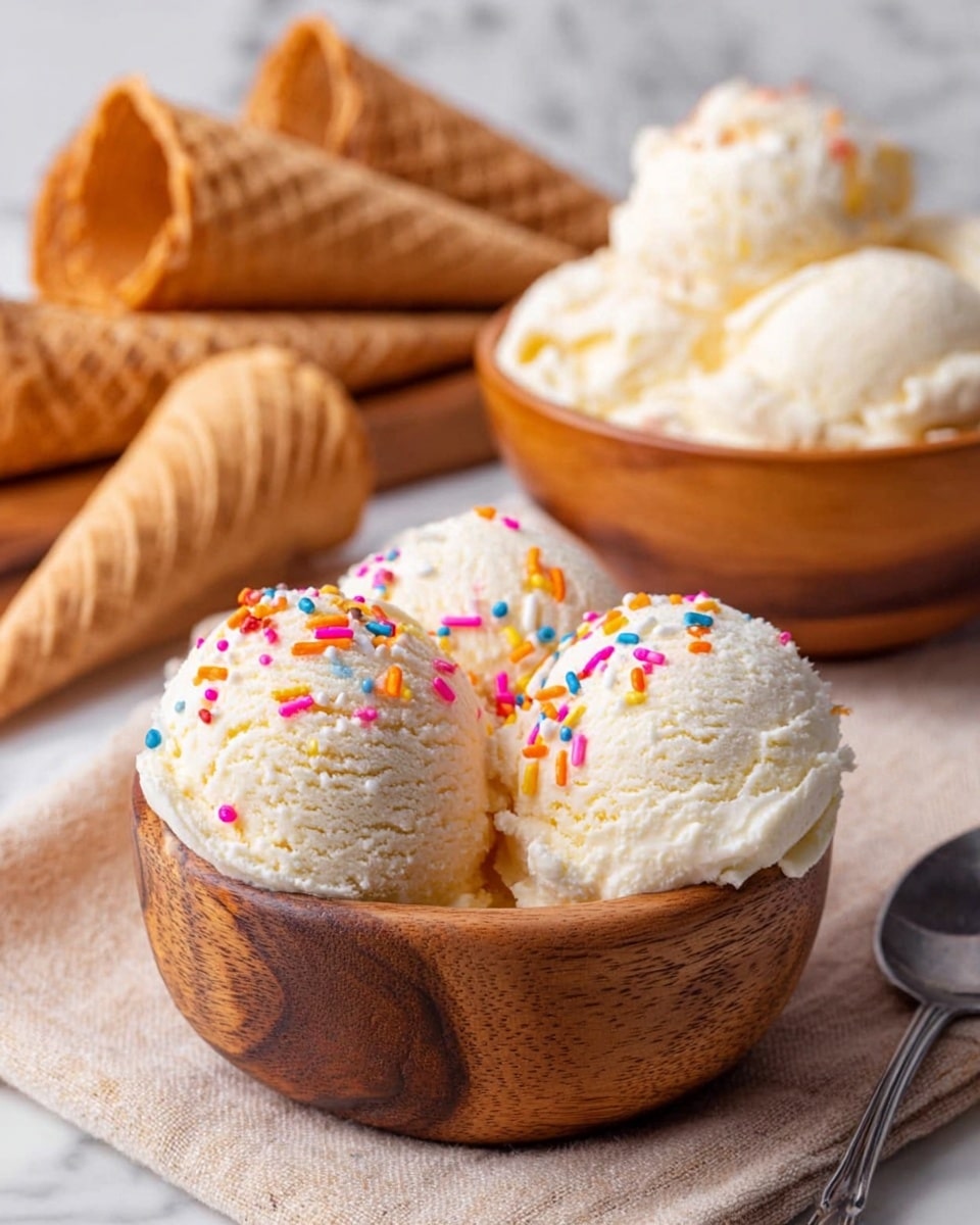 A close-up of three scoops of creamy vanilla ice cream in a small wooden bowl, topped with colorful round sprinkles in pink, yellow, orange, blue, and white. Behind this bowl, there is another wooden bowl filled with more vanilla ice cream scoops. To the left, there are several light brown waffle cones stacked on a soft beige cloth. To the right, a silver spoon lies on a wooden surface. The whole scene is set on a white marbled texture. photo taken with an iphone --ar 4:5 --v 7