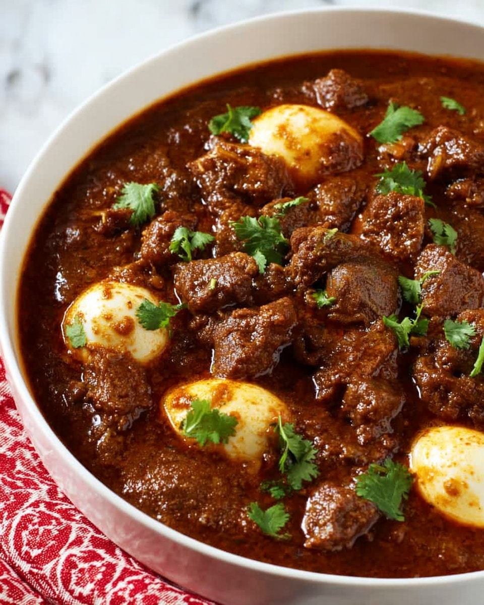 A white bowl filled with thick, dark brown stew with small chunks of meat and two light beige boiled eggs partly covered by the stew, garnished with small bright green cilantro pieces scattered on top. The bowl sits on a white marbled surface with a red and white patterned cloth partially visible at the edge. The stew looks rich and hearty in texture with a slightly shiny surface photo taken with an iphone --ar 4:5 --v 7