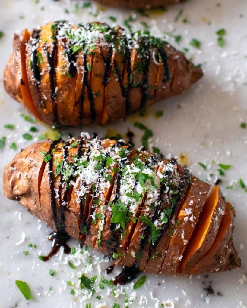 Parmesan Hasselback Sweet Potatoes with Balsamic Glaze Recipe