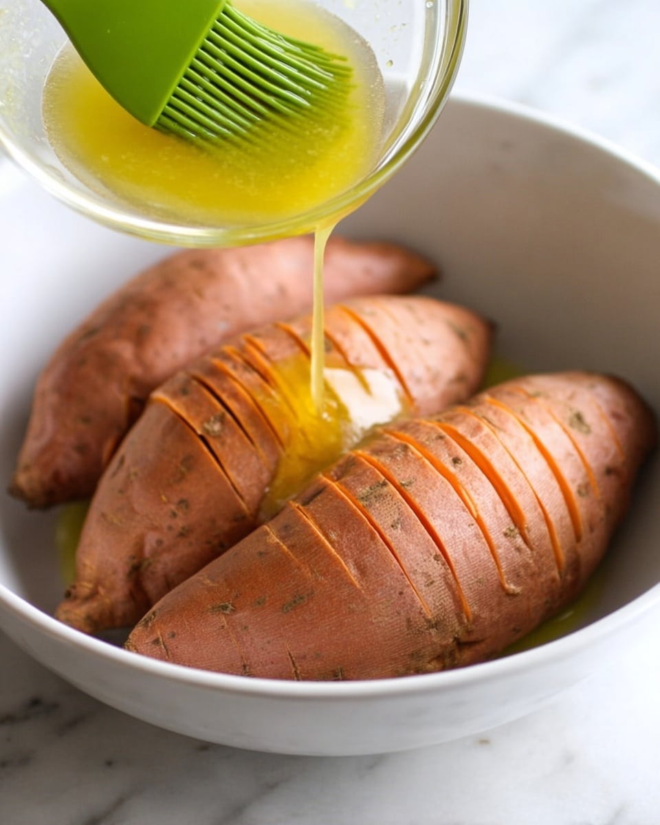 A close-up view shows three whole sweet potatoes with brownish-orange skin placed inside a white bowl. The potatoes have thin, even slices along their length but remain whole. Above them, yellow melted butter is being poured from a clear glass bowl held by a woman's hand. A green silicone brush is in the bowl, spreading the butter slowly over the potato on top. The background and surface underneath the bowl have a white marbled texture. Photo taken with an iphone --ar 4:5 --v 7