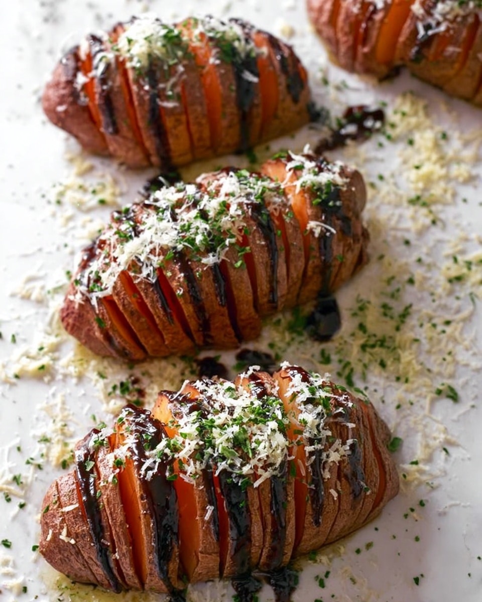 Four hasselback potatoes are shown on a white marbled surface. Each potato has multiple thin slices along the length, creating a layered texture with visible soft orange-red potato flesh inside. The tops are drizzled in a thick, dark sauce running vertically along the slices and sprinkled with fine green herb bits and some grated light-colored cheese, adding color contrast. The surface around the potatoes also has scattered herbs and cheese. photo taken with an iphone --ar 4:5 --v 7