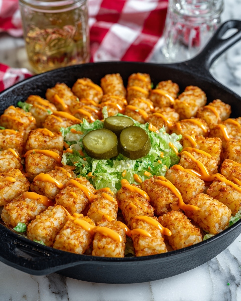 A round black cast iron skillet is filled with three layers: the bottom layer is ground meat cooked and spread evenly, the middle layer consists of chopped celery and onions scattered in a greenish-yellow tone, and the top layer is made up of golden brown crispy potato nuggets neatly arranged in concentric circles covering the whole surface. The skillet rests on a white marbled textured surface. photo taken with an iphone --ar 4:5 --v 7