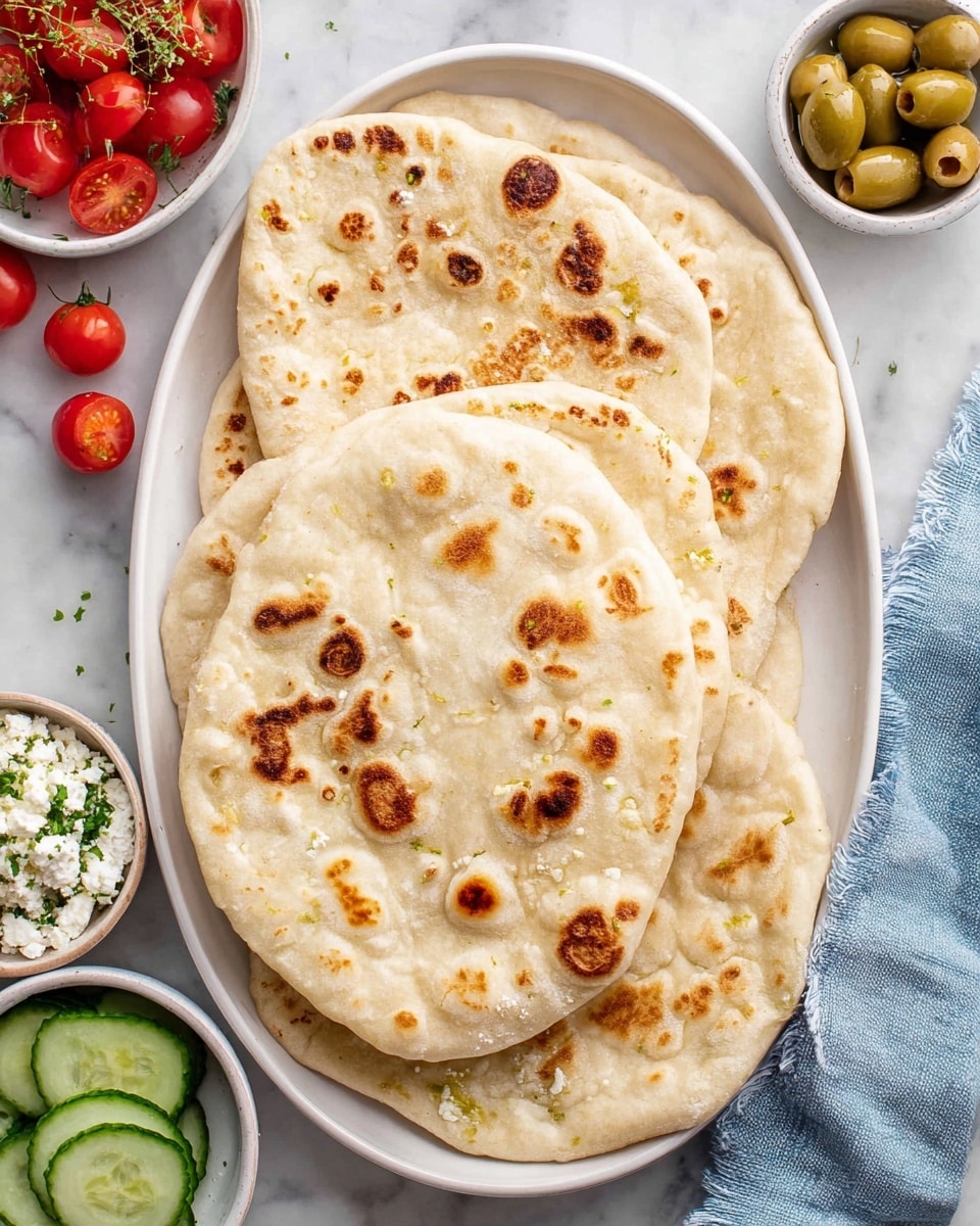 Four pieces of flatbread stacked slightly uneven on a white oval plate, each flatbread showing soft, light beige dough with darker toasted brown spots scattered on top. Around the plate are small white bowls—one with green olives, one with white crumbly cheese, and one with a green herb mix. Bright red cherry tomatoes on the vine rest nearby, alongside sliced cucumber pieces at the bottom left. All of this is arranged on a white marbled surface with a light blue cloth partially visible on the right side. Photo taken with an iphone --ar 4:5 --v 7