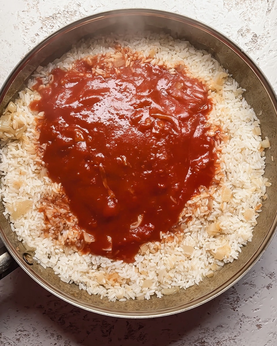 A metal pan holds a layer of uncooked white rice spread evenly across the bottom with small pieces of chopped onions mixed in, topped by a thin, uneven layer of bright red tomato sauce that looks smooth and slightly shiny, partially covering the rice. The pan is on a stovetop with a white marbled textured surface faintly visible around it, and steam rises softly from the sauce. Photo taken with an iphone --ar 4:5 --v 7
