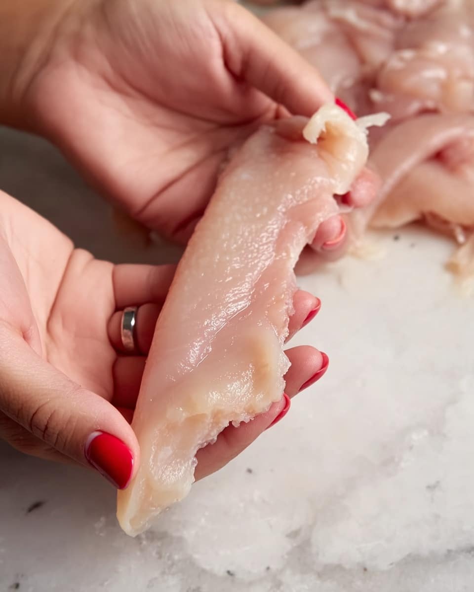 A close-up image shows two woman's hands holding a long, thin piece of raw chicken with a pale pink and slightly translucent color. The chicken piece has a smooth texture on one side and a rougher, uneven texture with some visible strands on the other side. The woman's nails are painted red, and a silver ring is visible on one finger. In the background, more raw chicken pieces are placed on a white marbled surface. photo taken with an iphone --ar 4:5 --v 7