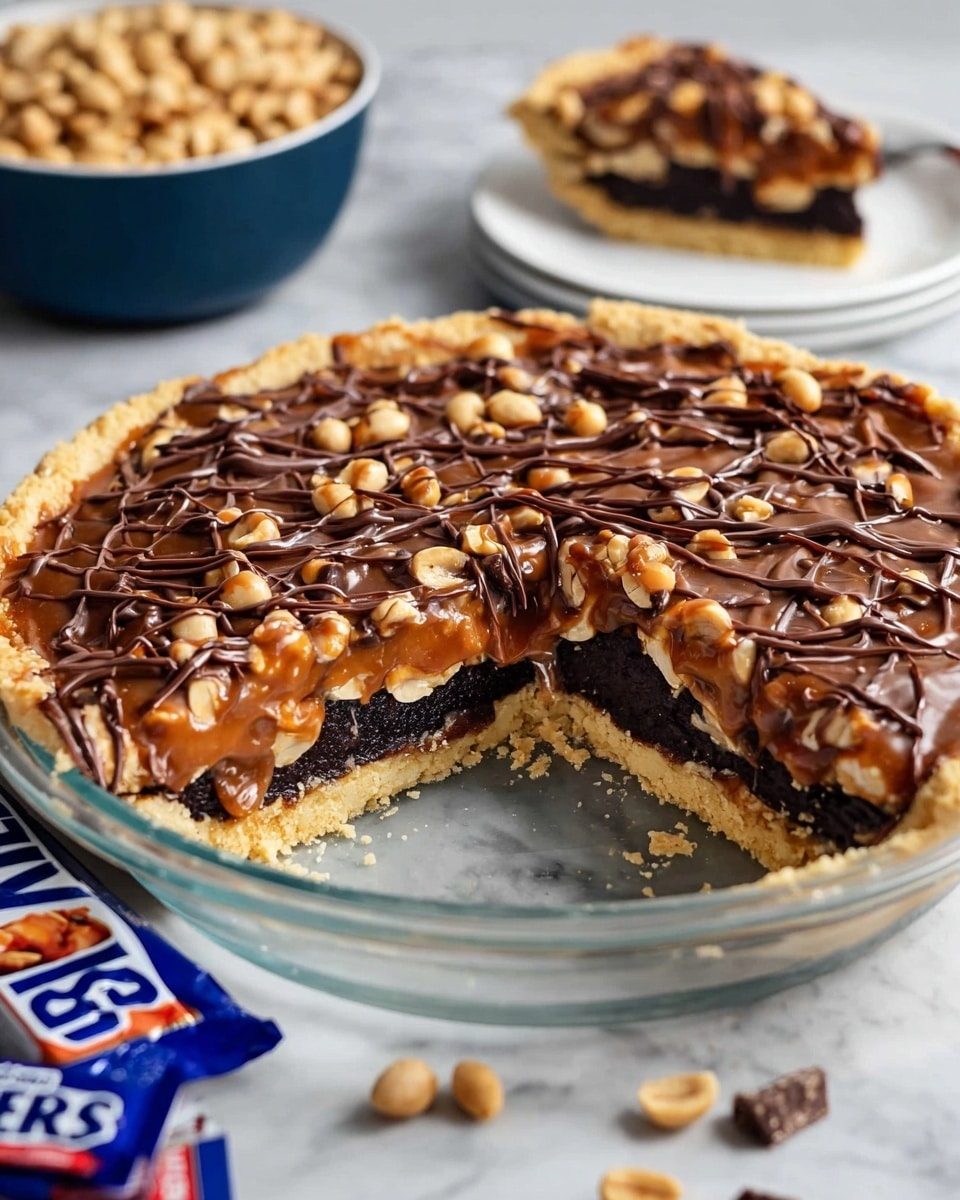 A pie with three clear layers on a round glass dish: the bottom layer is a light golden crust, the middle layer is dark brown and dense, and the top layer is filled with whole peanuts covered in a shiny caramel sauce, all drizzled with dark chocolate. A slice is removed, showing the inside clearly. The dish is placed on a white marbled surface with a small white plate holding the slice in the background. There is a blue bowl filled with peanuts behind the pie and some Snickers candy bars around the scene. Photo taken with an iphone --ar 4:5 --v 7