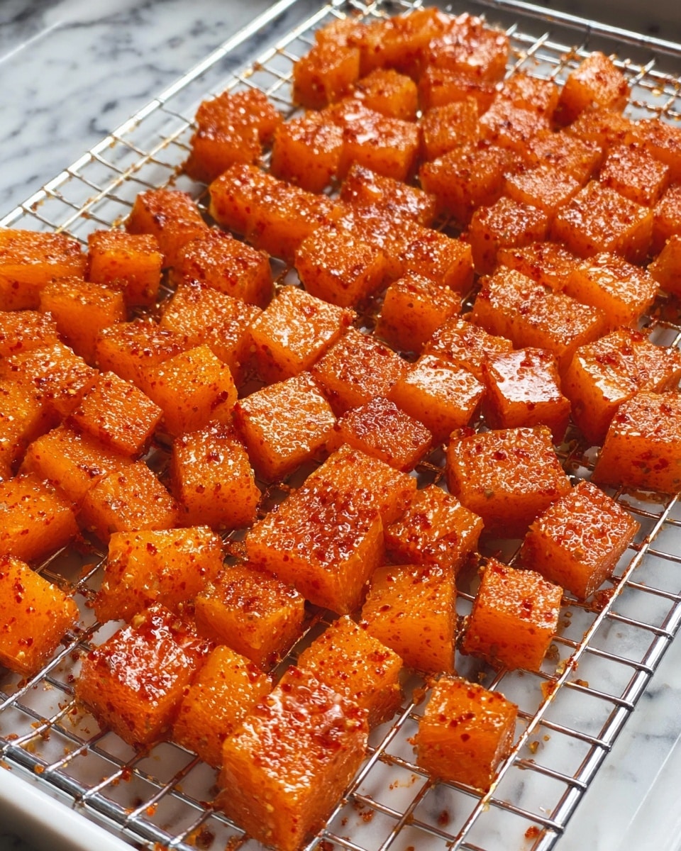 The image shows a flat layer of cubed orange pieces coated with a reddish spice mix, spread evenly inside a white wire basket with a metal grid pattern. Each cube has a shiny, slightly oily surface, with the reddish seasoning clinging to the edges and faces. The cubes are arranged closely but without overlapping, against a white marbled surface background. Photo taken with an iphone --ar 4:5 --v 7