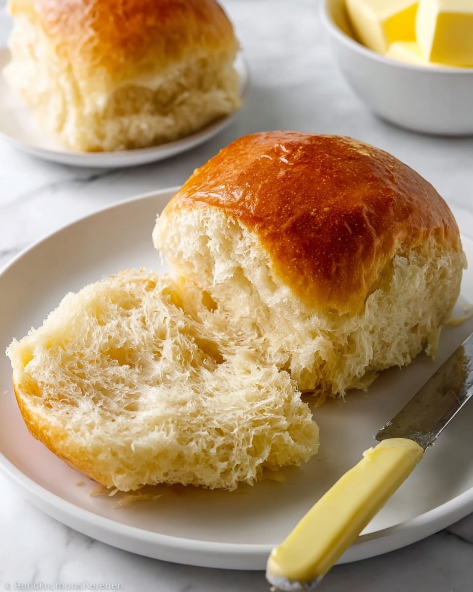 A soft bread roll with a golden brown top layer that looks shiny and smooth, sitting open on a white plate showing its light, fluffy inner texture made up of many small holes. Behind it, there is a butter knife with a yellow handle resting on the plate, and a white bowl with a block of yellow butter is slightly visible in the background. The surface beneath the plate is white marble, providing a clean and bright background. photo taken with an iphone --ar 4:5 --v 7