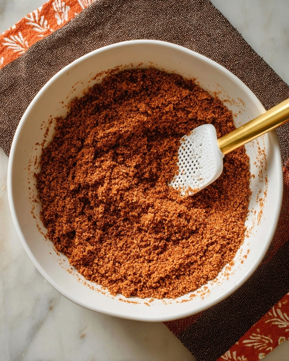 A white bowl filled with a single layer of fine, crumbly reddish-brown mixture. A white spatula with a honeycomb pattern and a gold handle is partially buried on the right side, mixing the contents. The bowl sits on a dark brown textured cloth with an orange and white pattern, placed on a white marbled surface. The reddish mixture has a slightly rough texture, evenly spread in the bowl's bottom. Photo taken with an iphone --ar 4:5 --v 7