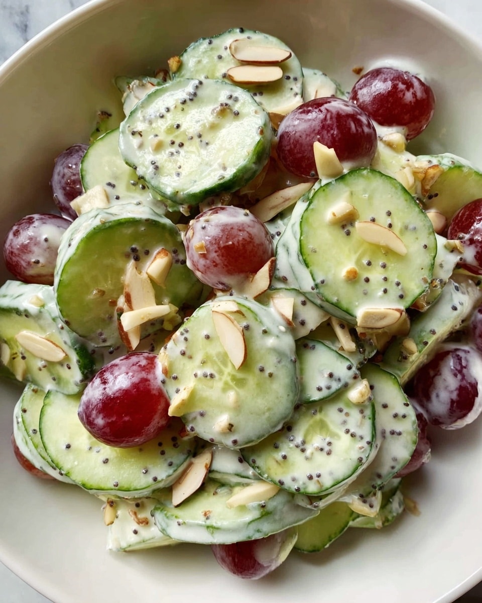 This image shows a close-up of a spoon holding a fresh fruit and veggie salad. The spoon has three layers visible: red and purple grapes with a shiny, smooth texture form the bottom layer, fresh green cucumber slices with a moist, crisp look sit in the middle, and thin slivers of pale almond pieces rest on top. All these ingredients are mixed in a creamy white dressing with tiny black specks. The background shows a white bowl filled with more of the same salad, placed on a white marbled surface. Photo taken with an iphone --ar 4:5 --v 7