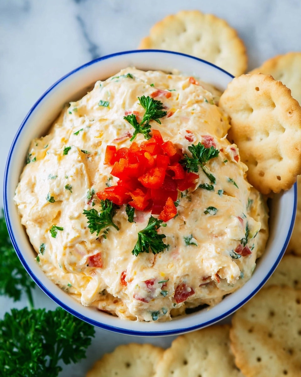 A white bowl with a blue rim is filled with creamy, pale yellow cheese spread mixed with small red bell pepper pieces and green herb bits. On top is a small pile of finely chopped red peppers shaped like a flower and scattered green parsley leaves. A thin slice of light beige cracker is partly dipped into the spread on the right side. The bowl sits on a white marbled surface with several pale round crackers around it. Photo taken with an iphone --ar 4:5 --v 7