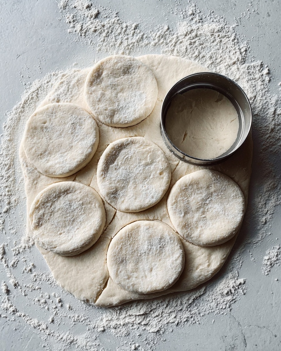A white marbled surface holds a large sheet of pale dough rolled out flat with flour scattered around. On top of the dough, there are seven round dough pieces cut out, showing smooth, soft texture with a light dusting of flour on some. A metal circular cutter is placed on the upper right side of the dough, partially sitting on an uncut section. The dough edges are uneven, with thin flaps extending slightly between the round shapes, and the entire scene looks ready for baking preparation. photo taken with an iphone --ar 4:5 --v 7