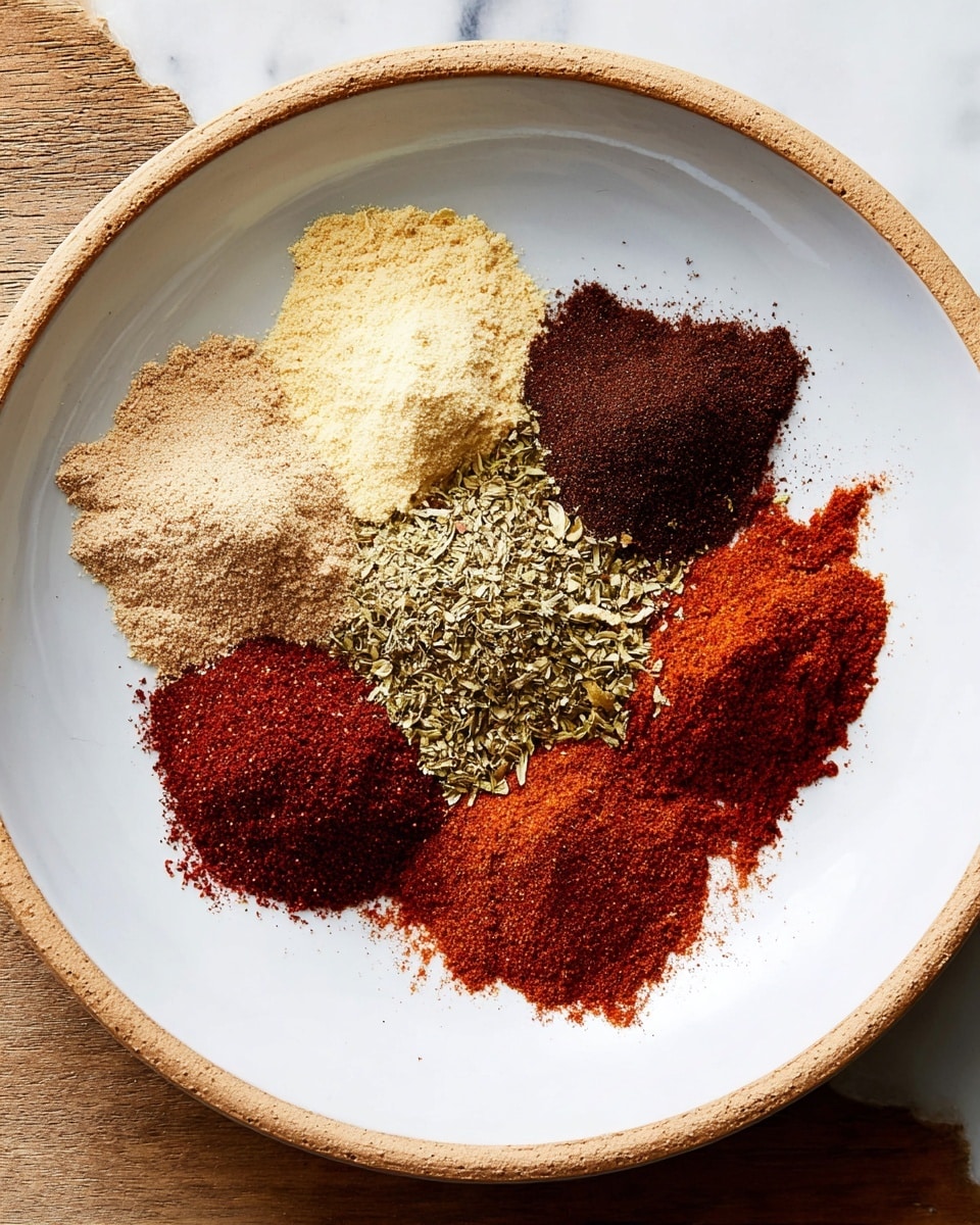 A clear glass bowl holds seven different spices, each in a small pile arranged side by side in a circle shape. Starting from the bottom left and moving clockwise, there is coarse white salt, light brown dried herbs, a dark brown spice mix, a very light yellow powder, a pure white powder, a rusty red spice, and a bright red spice. The bowl sits on a white marbled surface with a blue cloth visible behind it and a wooden surface at the top right corner. The lighting shows the textures clearly, with the spices looking dry and grainy. photo taken with an iphone --ar 4:5 --v 7