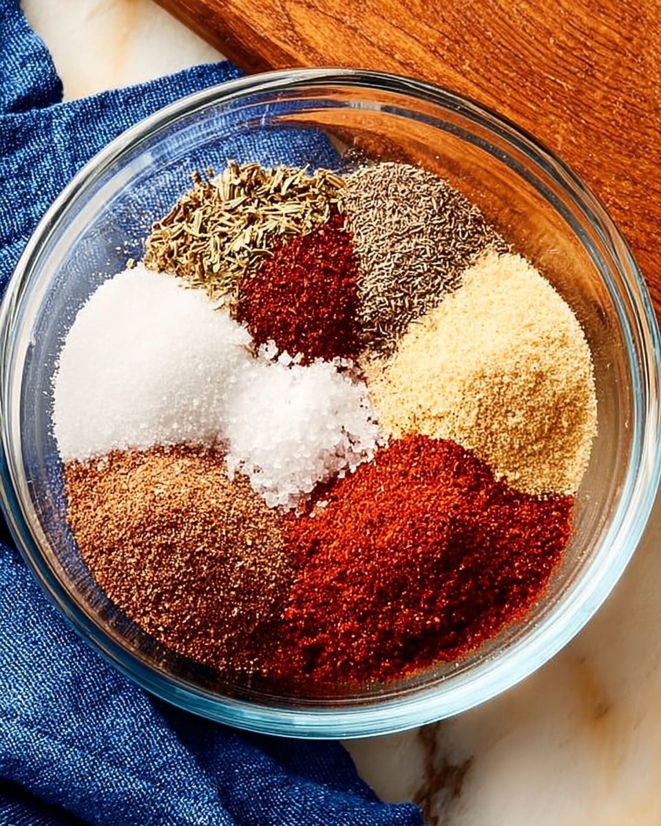 A round white plate with a light brown rim holds six piles of different powdered spices arranged in a circular pattern. Starting from the top and going clockwise, the first pile is a pale yellow powder, followed by a dark brown powder, then a bright reddish-brown powder at the bottom. In the center, there is a small cluster of dried green herb flakes. To the left of the herb flakes is a beige powder, and lastly, a deep red powder in the top left. The plate sits on a white marbled surface. Photo taken with an iphone --ar 4:5 --v 7