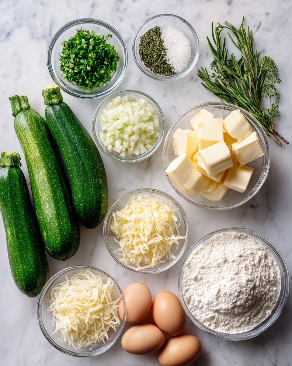The image shows three fresh green zucchinis on the left side on a white marbled surface. Around them are small clear glass bowls holding finely chopped white onions, bright green parsley, light green rosemary, white powder (likely flour or baking powder), black pepper, shredded white and yellow cheese, and four brown eggs. In the middle, there is a clear bowl with three cubes of pale yellow butter, and on the right side, a clear bowl filled with white flour. The setup looks clean, organized, and the colors contrast well against the white marbled background. photo taken with an iphone --ar 4:5 --v 7