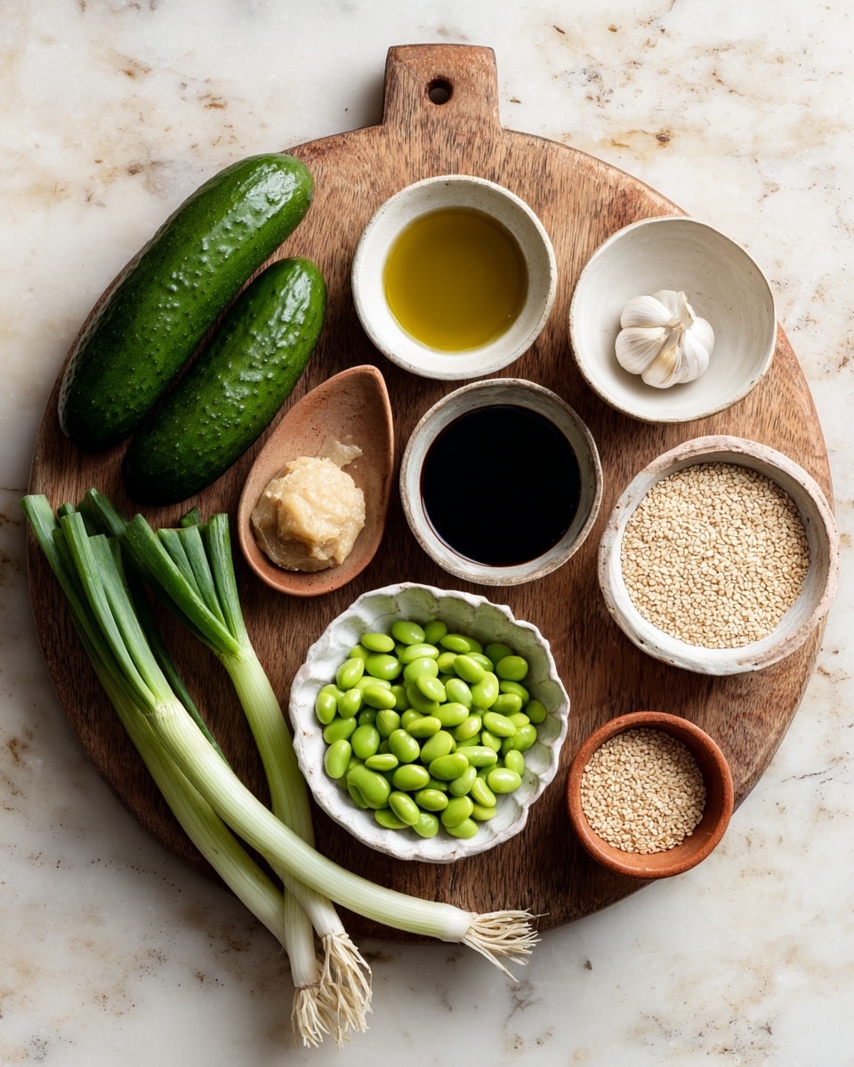 A round wooden board sits on a white marbled surface, holding fresh ingredients neatly arranged. There are three green cucumbers placed in a row near the center top, next to a small brown oval dish with a light beige paste labeled ginger. On the right side, a small white bowl filled with golden sesame oil sits above a white bowl of dark tamari sauce, a peeled garlic clove, and a white bowl with pale rice vinegar. At the bottom center, a decorative white bowl holds bright green edamame beans. Near the left edge of the board, three whole green onions with white bulbs and green stalks lie diagonally beside a dark green avocado. A small terracotta dish filled with light brown sesame seeds is placed near the bottom right edge of the board. Everything is resting on a white marbled textured surface. photo taken with an iphone --ar 4:5 --v 7