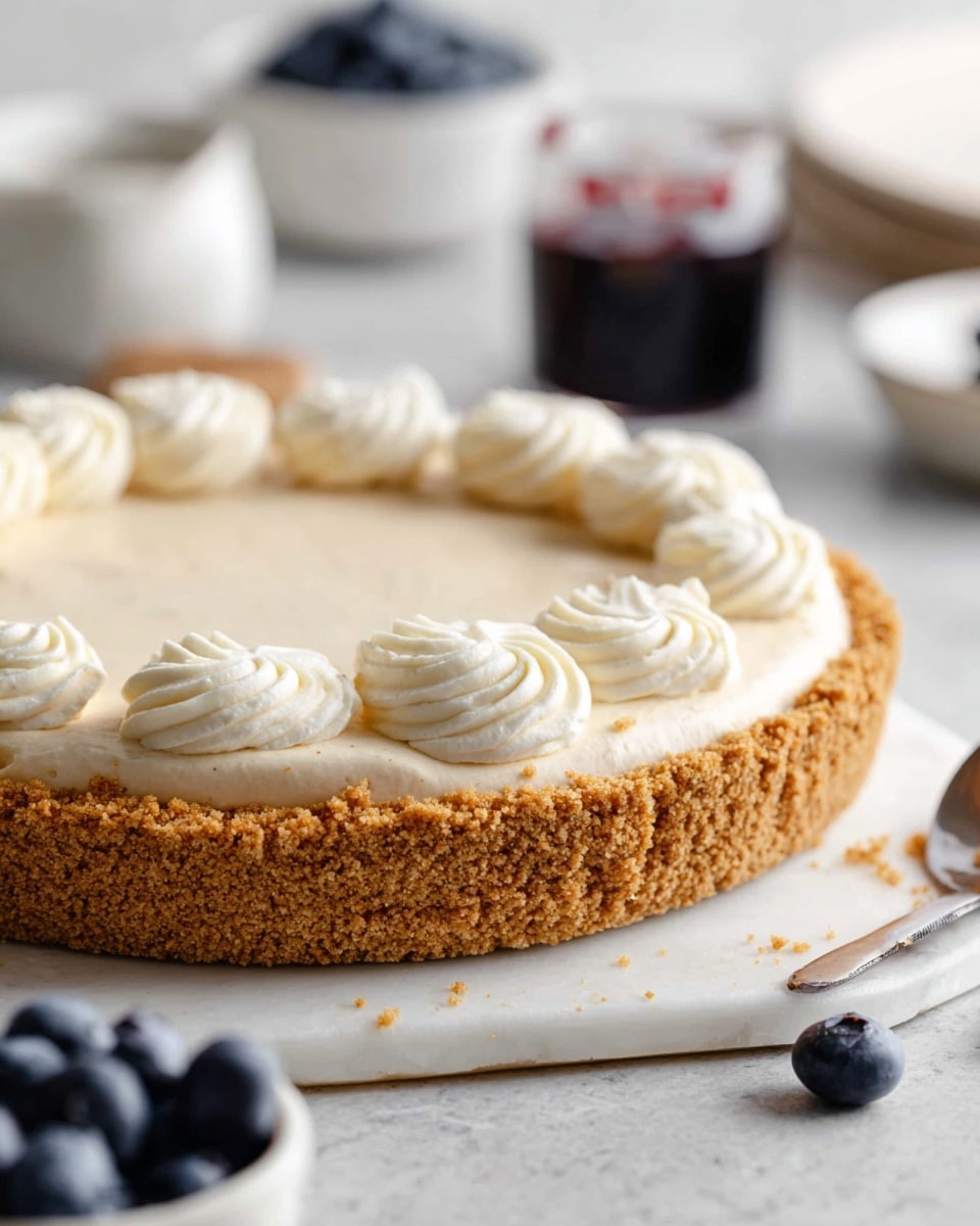 The image shows a creamy pie with two visible layers: a thick, crumbly golden brown crust on the outside and a smooth, light beige filling inside. The top of the pie has six small swirls of white cream evenly spaced around the edge. The pie is on a white marbled surface with some blueberries scattered nearby. In the blurred background, there are white bowls, one holding dark syrup and another with blueberries. There is a woman's hand holding a spoon on the right edge of the image. photo taken with an iphone --ar 4:5 --v 7