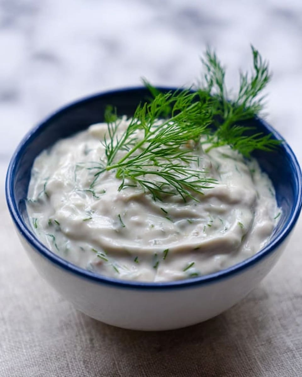 A close-up of a bowl of creamy white dip with small green herbs mixed in, topped with two sprigs of fresh green dill. The dip sits inside a white bowl with a blue rim. The bowl is placed on a white marbled surface. The dip looks smooth with some light texture from the herbs, and the dill adds a fresh touch on top. photo taken with an iphone --ar 4:5 --v 7