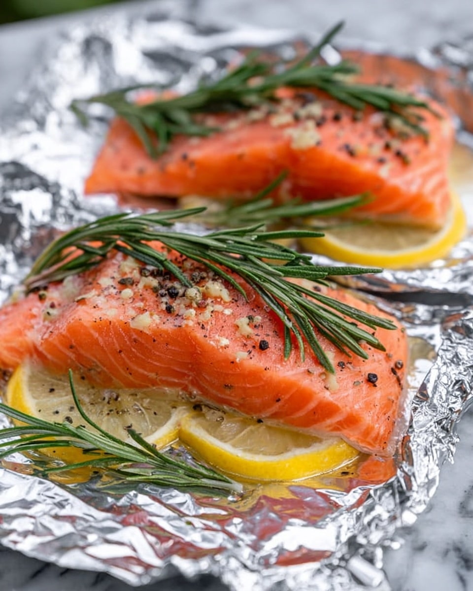 This image shows two pieces of raw salmon laid on top of slices of yellow lemon, all placed on crumpled foil sheets. Each salmon piece is a bright orange-pink color with visible texture and sprinkled with coarse black pepper and small bits. Fresh green rosemary sprigs rest on top of each salmon piece. The foil sheets reflect light, creating shiny silver textures under the food. The background is a white marbled surface. photo taken with an iphone --ar 4:5 --v 7