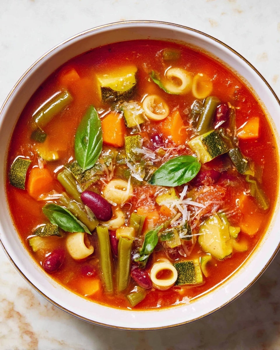 A white bowl filled with a bright red tomato-based vegetable soup is shown from above. The soup has multiple layers of ingredients: chunks of orange carrot, green beans, light green zucchini pieces with darker green skin, small rings of pale pasta, and dark red kidney beans. On top, there are fresh green basil leaves and some white grated cheese sprinkled unevenly. The soup has a clear broth with visible bits of onion and herbs, all sitting on a white marbled surface. photo taken with an iphone --ar 4:5 --v 7