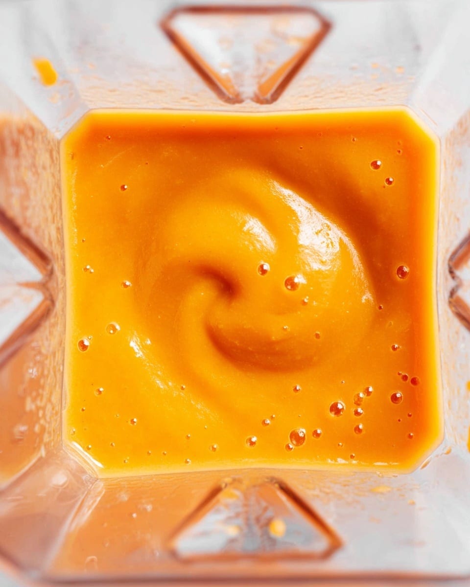 A close-up view inside a blender container filled with a smooth, thick orange puree. The puree has a consistent texture with a soft swirl pattern on the surface and small bubbles scattered throughout. The blender's clear plastic walls form a square shape around the puree. The photo is bright with a clean white marbled background visible through the transparent container. photo taken with an iphone --ar 4:5 --v 7