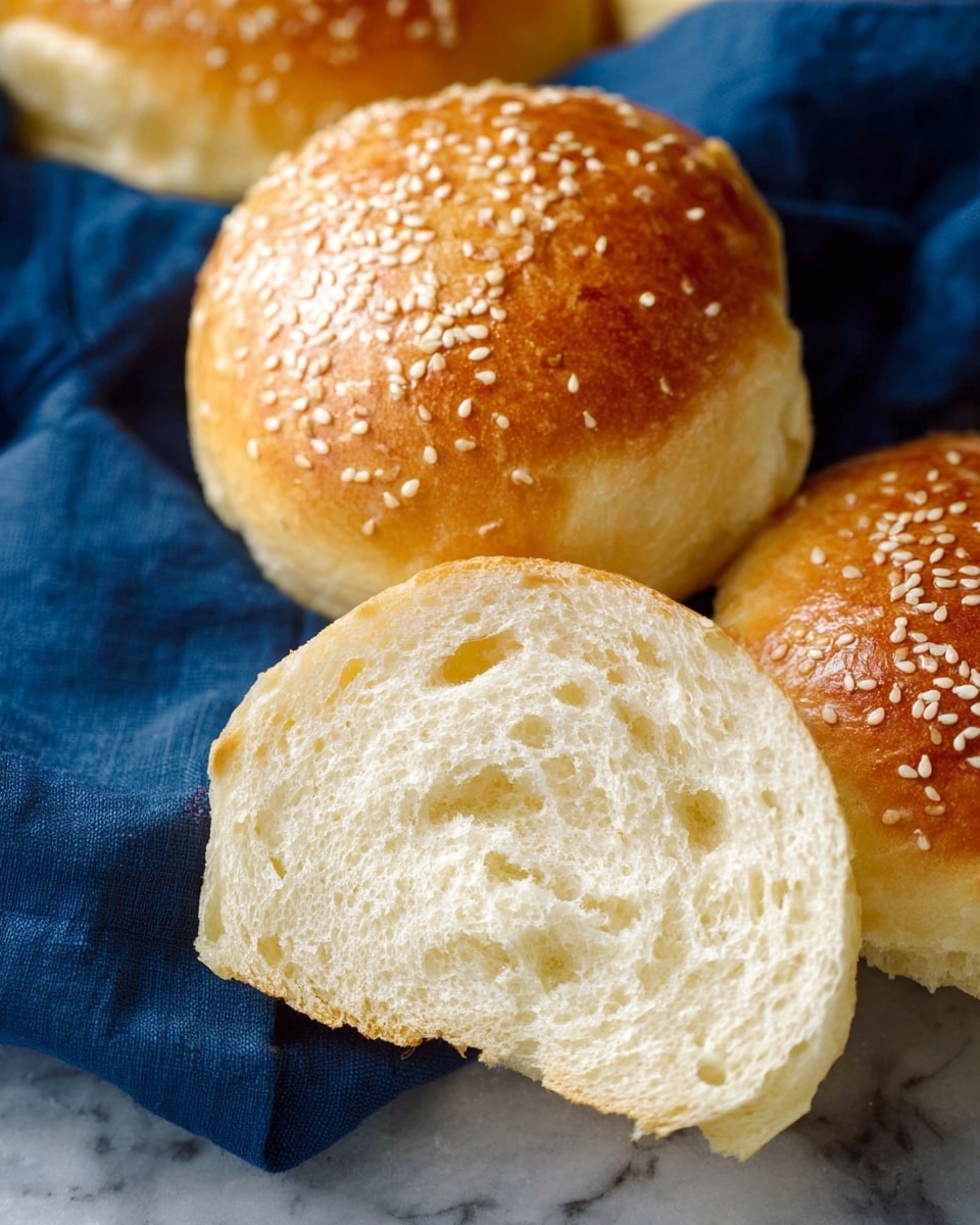 The image shows sesame seed burger buns, one whole and golden brown with a shiny top and white sesame seeds sprinkled over it, placed on a dark blue cloth. Next to the whole bun is a bun split open, revealing two fluffy, soft inside layers with a pale cream color and a spongy texture filled with air holes. The buns are resting on a white marbled surface. Photo taken with an iphone --ar 4:5 --v 7