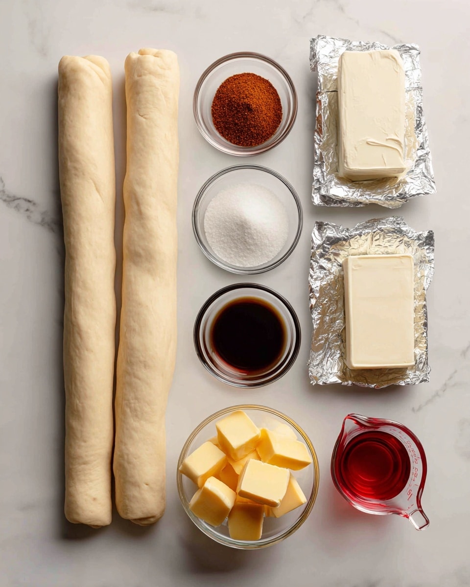The image shows many ingredients laid out on a white marbled surface. There are two long rolls of light beige dough at the left side. To the right of the dough are small clear glass bowls, each holding different ingredients: a bowl with a reddish-brown powdered spice, a smaller bowl with dark amber liquid, a bowl filled with white granulated sugar, and a bowl with golden yellow butter chunks. Near the top right corner, there are two packages of cream cheese, their foil partly peeled back to show the smooth white cheese inside. Finally, a small clear measuring cup contains a red liquid, and the items are arranged neatly in rows. The photo taken with an iphone --ar 4:5 --v 7