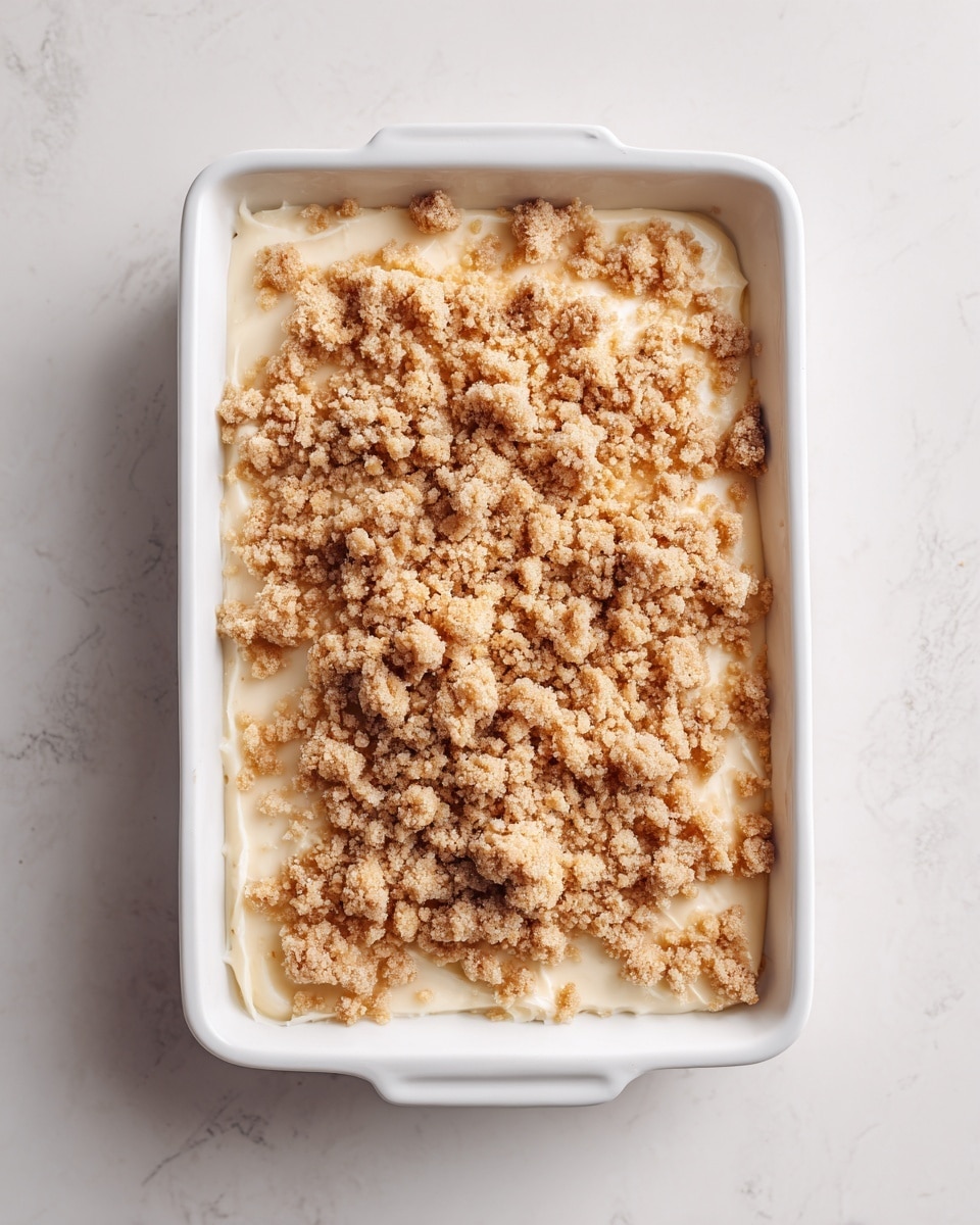 A white rectangular baking dish with a smooth light cream layer evenly spread at the bottom, topped with many small uneven clumps of light brown crumbly dough scattered across the surface. The dish is placed on a white marbled textured surface. photo taken with an iphone --ar 4:5 --v 7