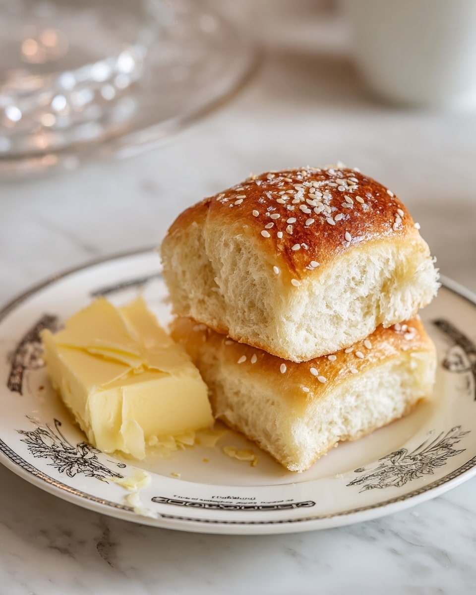 The image shows two pieces of sesame seed bread loaf stacked on a white plate with black vintage designs. The top piece is cut to reveal a soft, white, airy inside with a golden-brown crust sprinkled with sesame seeds. A small amount of butter is seen melting slightly at the edge of the bread. To the left of the bread on the plate is a chunk of smooth, light yellow butter. The plate is placed on a white marbled surface and a blurred clear glass dish is visible in the background. Photo taken with an iphone --ar 4:5 --v 7
