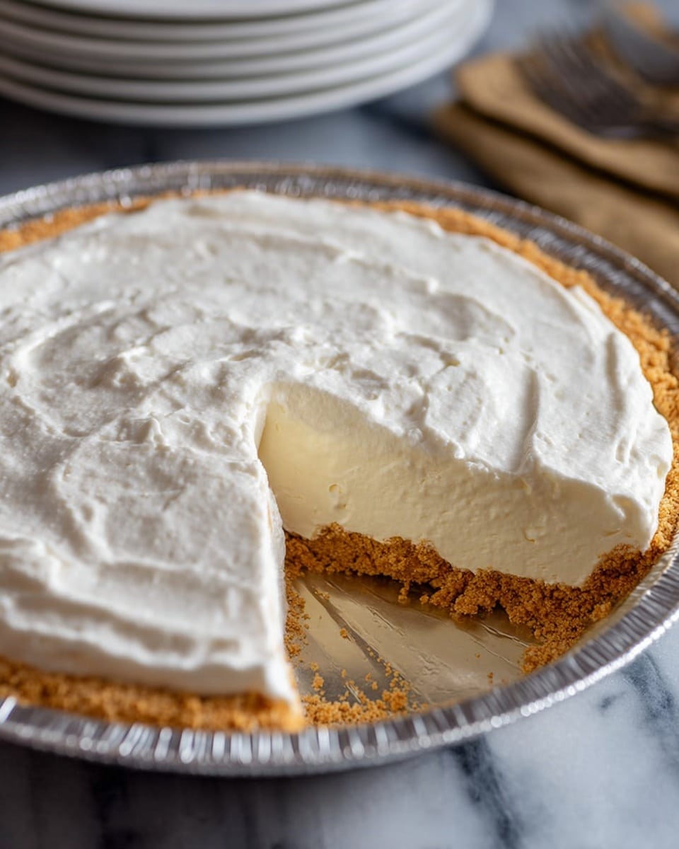 A creamy white pie with three distinct layers sits in a shiny silver pie pan; the bottom layer is a golden-brown crumb crust, the middle layer is thick, smooth white filling, and the top is a fluffy white whipped topping. A slice is missing, revealing the inside layers clearly. The background is a white marbled surface with a stack of white plates blurred in the back. Photo taken with an iphone --ar 4:5 --v 7