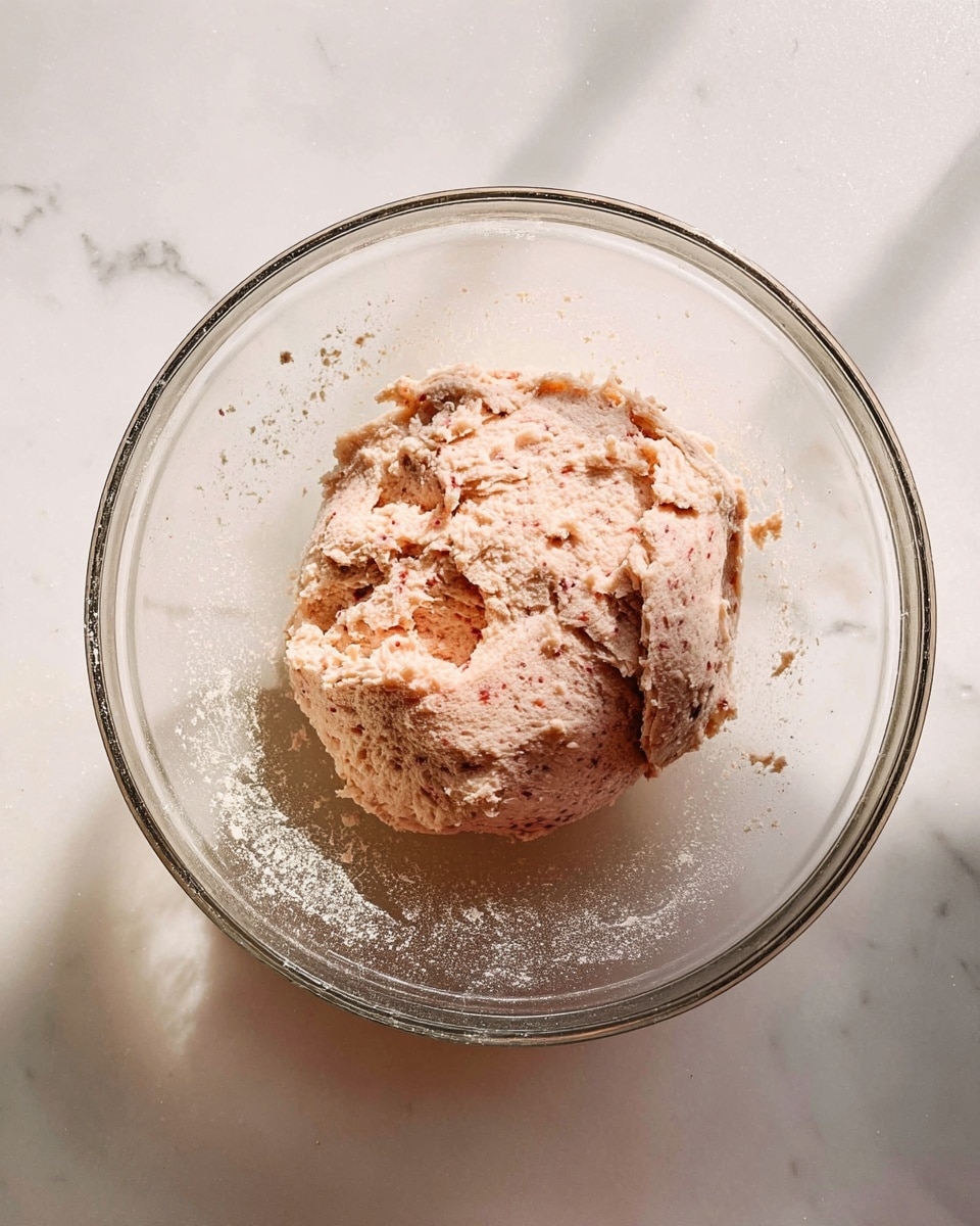 A clear glass bowl sits on a white marbled surface, holding a single large mound of light pink dough mixed with small darker and lighter bits, giving it a slightly rough texture. The dough has some cracks and uneven edges, showing that it has been recently mixed or pressed together. The bowl is clean except for a light dusting of powdery residue on the inside walls. Sunlight casts soft shadows around the bowl, making the dough the focal point. photo taken with an iphone --ar 4:5 --v 7